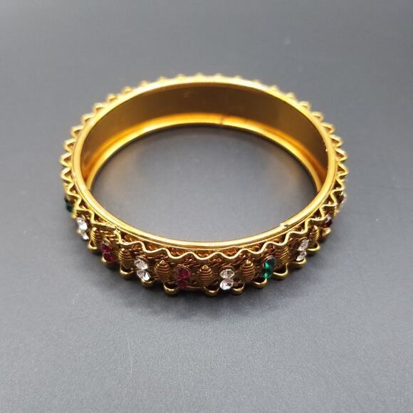 Vintage Gold Tone Rhinestone Bangle Bracelet Clear Red Green Small Size - Picture 7 of 9